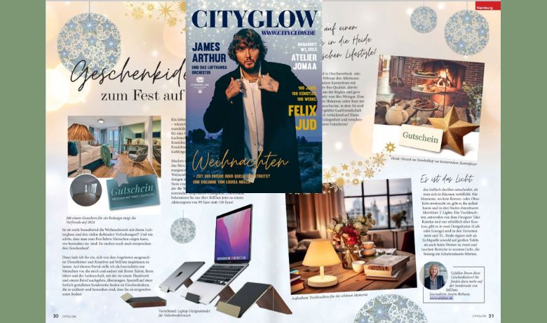 Festlich gestaltete Doppelseite mit Geschenkideen auf StilDate in der City Glow