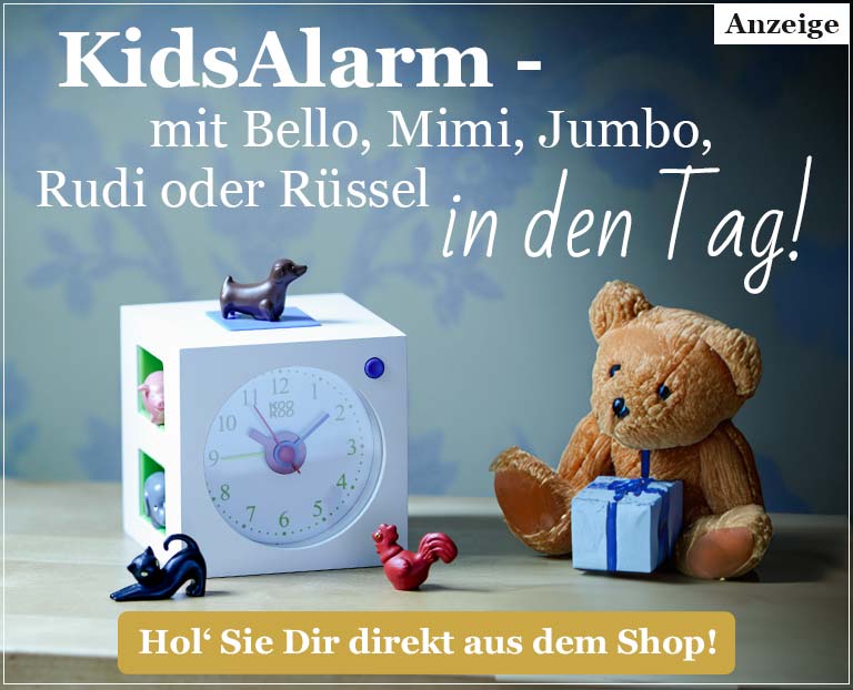 Der KidsAlarm mit drei von insgesamt fünf Magnettierchen, die den Alarm auslösen